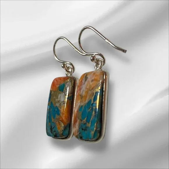 NEW Spiney Oyster Turquoise Sterling Silver Dangle Earrings - Picture 2 of 4